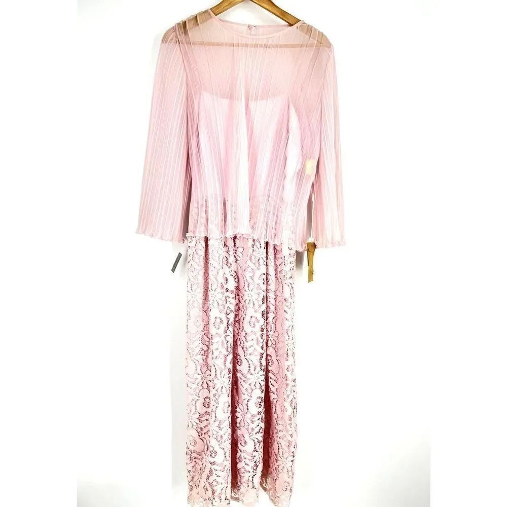 Miss Elliette Dress Size 12 Womens Pink Lace Chiffon 2 Piece Vintage Midi Bow